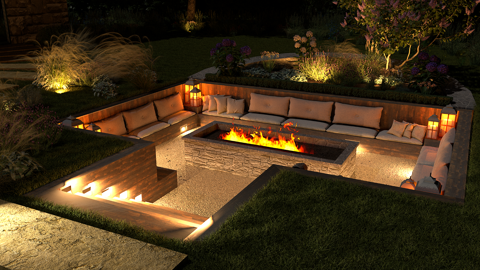 Plan jardin 3D terrasse de nuit aménagée