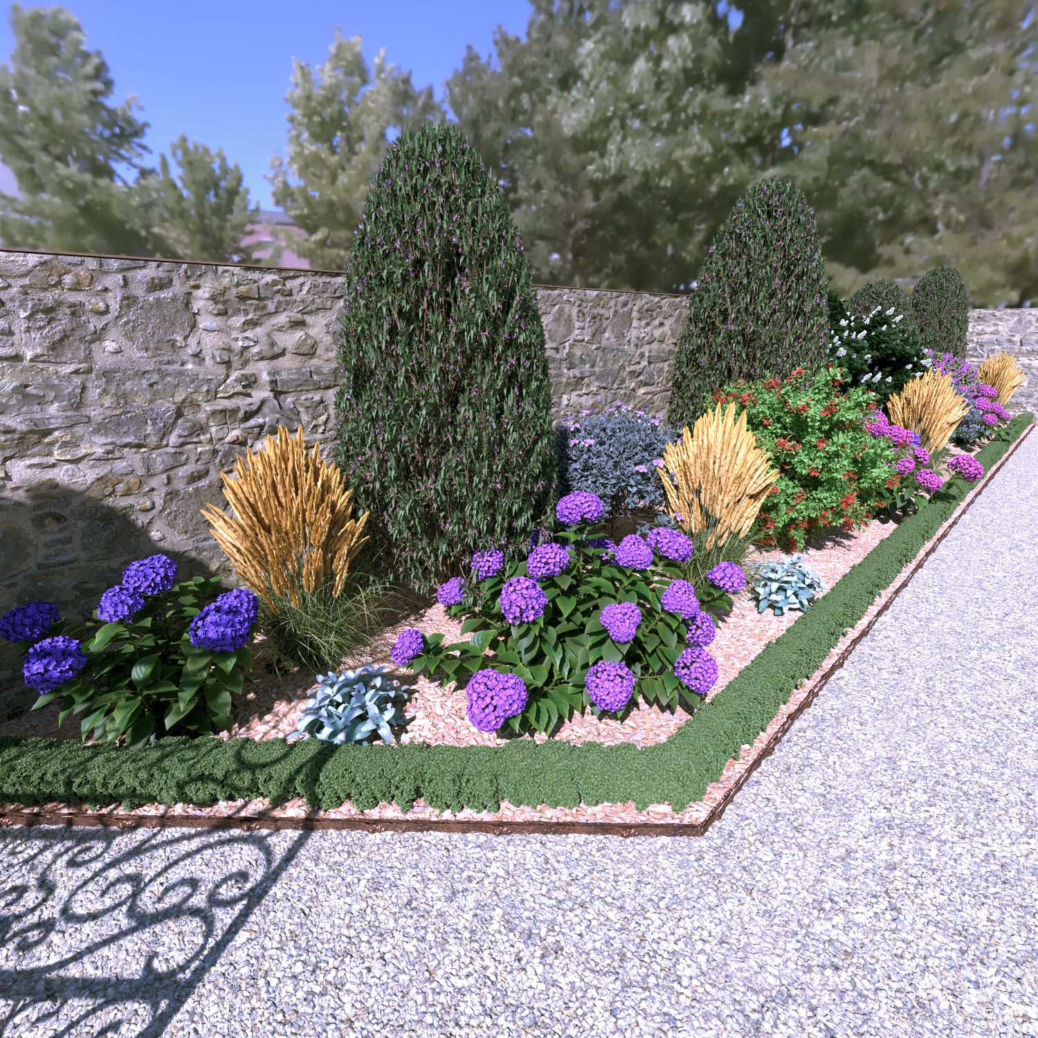 Plan jardin 3D avec massif fleuri
