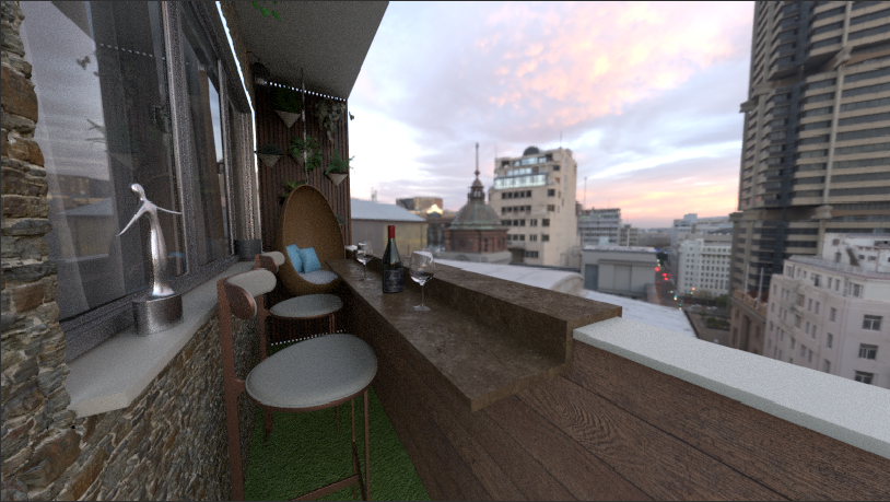 "Plan jardin 3D d'un balcon aménagé