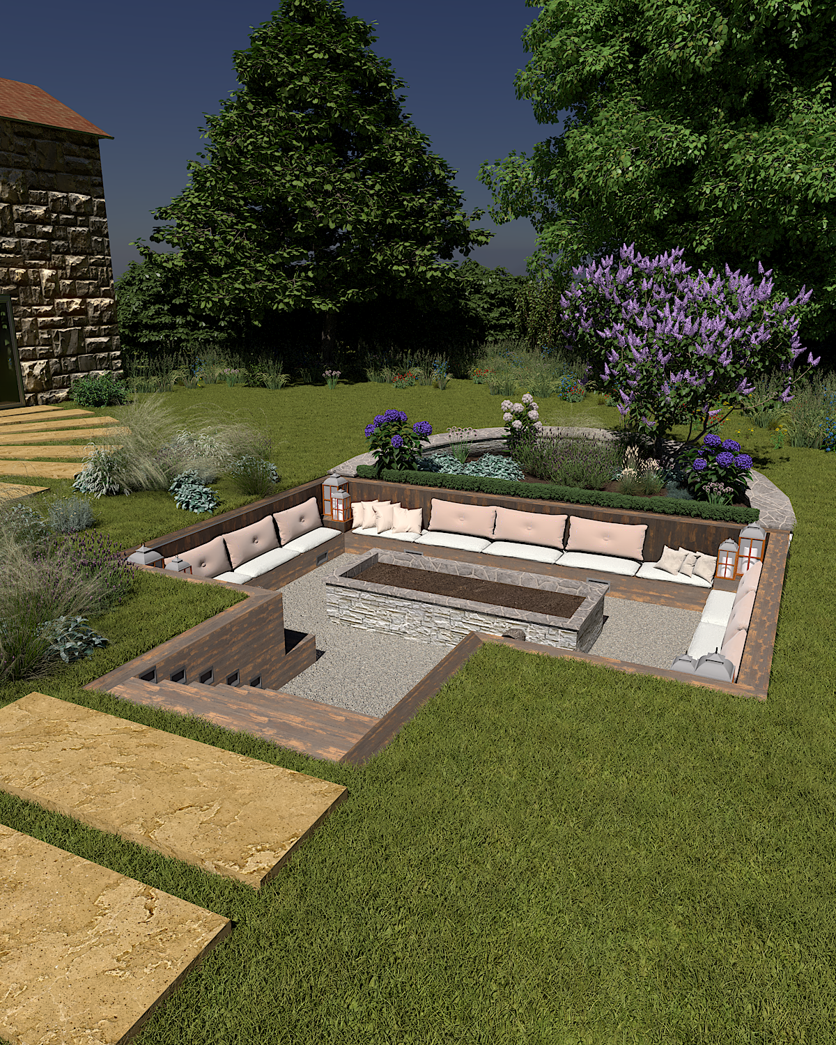 Plan jardin 3D terrasse de jour